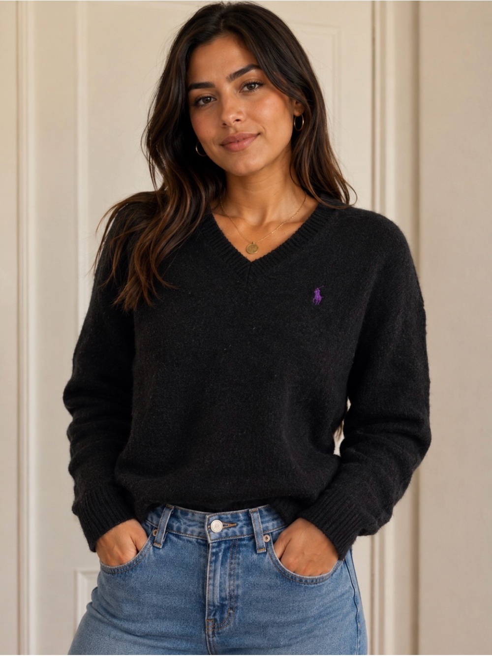 Polo by Ralph Lauren Black V-Neck 100% Wool Sweater with Purple Pony